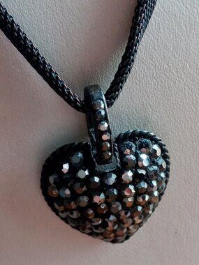 Stunning Sparkly Black Pave Marcasite Puffed Heart Pendant Chain Necklace
